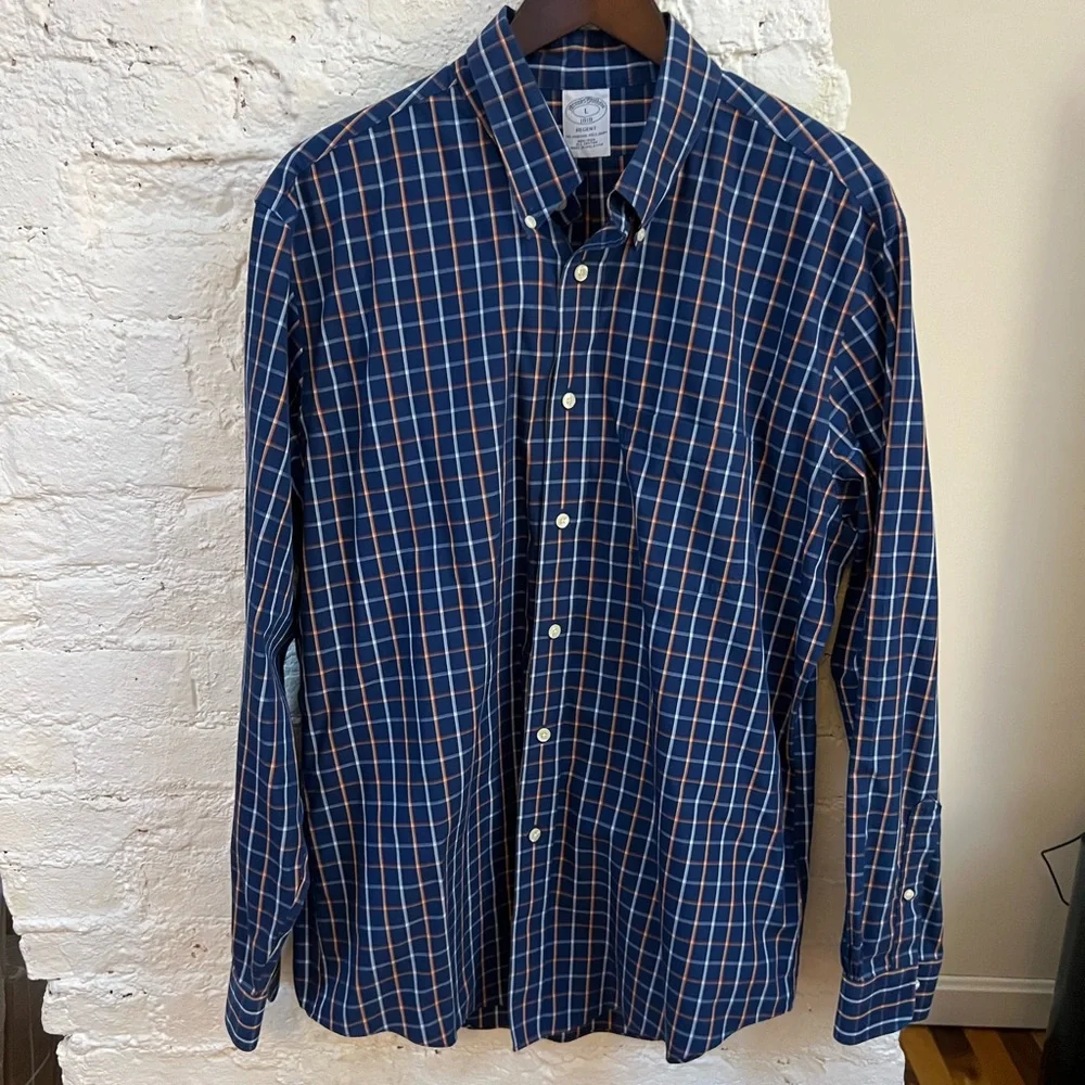 Brooks Brothers Navy and Orange Checked Button Down Regent Dress Shirt